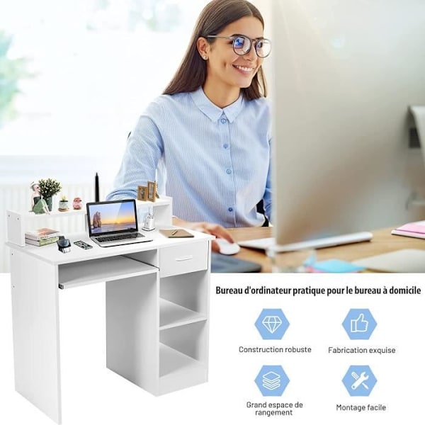 COSTWAY Computer Skrivebord med Skuffe og 2 Opbevaringshylder Computer Skrivebord med Tastatur Bakke Hvid Vit