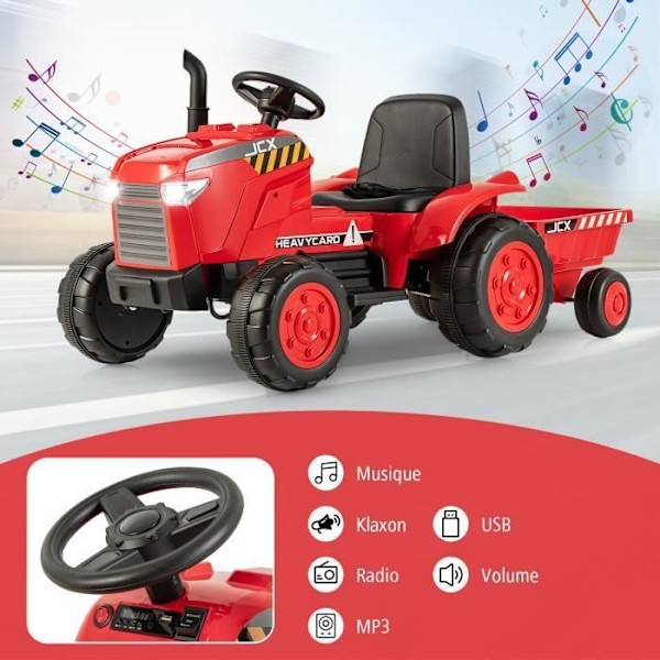 COSTWAY El-traktor 12V 7AH - 2.4G Fjernbetjening, Fjederophæng, LED, Horn, Soft Start, 3 - 8 År, Rød