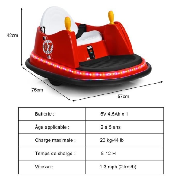 COSTWAY 360° elektrisk stötfångarbil 6V/4,5Ah för barn 2-5 år gamla, 2,4G fjärrkontroll, 2 motorer Ljud- och ljuseffekt Röd