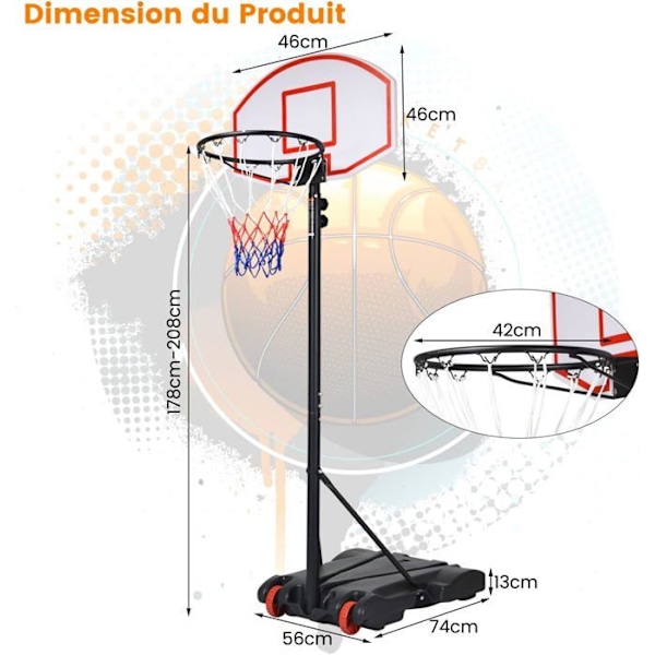 COSTWAY Basketball Bøjle på stativ Højdejusterbar fra 179 til 208 cm til indendørs/udendørs med hjul til børn/voksen Svart