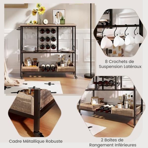 COSTWAY 3-tiers barvogn - glasholder, flaskeholder, opbevaringsboks - lys farve Klar