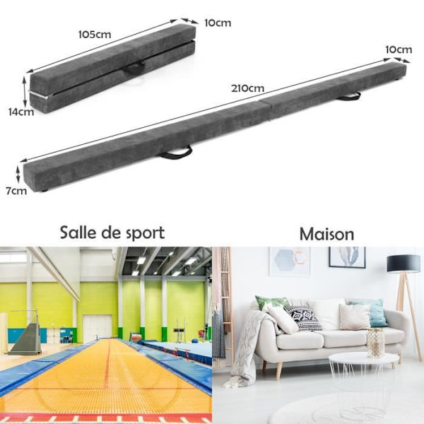 COSTWAY hopfällbar gymnastikbalk 210 cm för barn med bärhandtag 4 halkskydd Grå mockaöverdrag