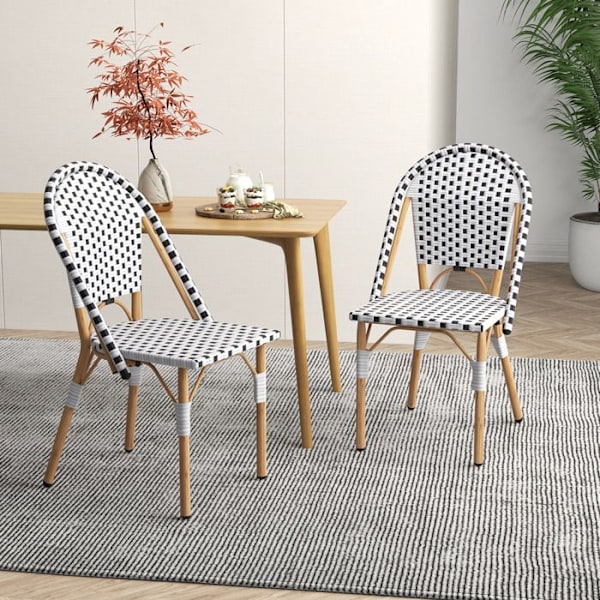 COSTWAY sæt med 2 havestole med galvaniseret metalstel, håndvævede rattanstole, til bistro køkkenterrasse Vit & Svart & Natur