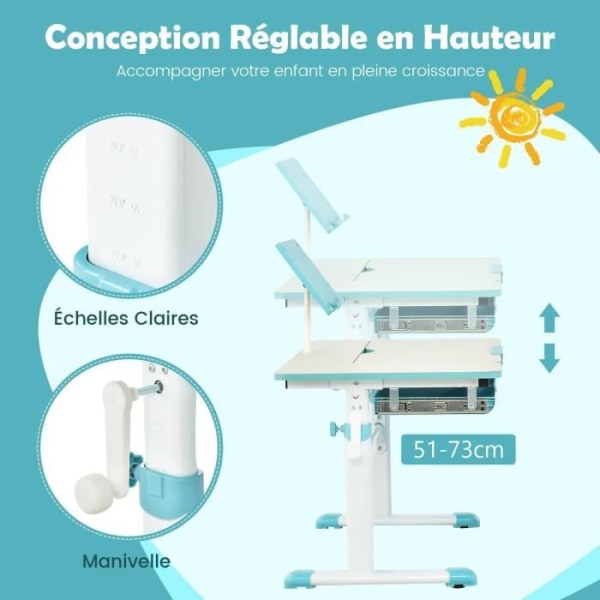 COSTWAY skrivebord til børn 3-12 år - Højdejusterbar 51-73 cm & vipbar top 0-60° - med bogstøtte og skuffe, blå