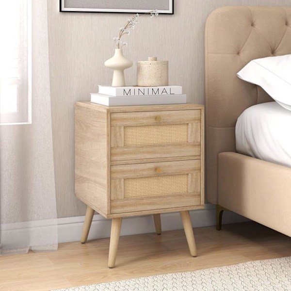 COSTWAY Natbord i rattan, 2 skuffer og 4 fyrreben, Cannage-dør, til stue, soveværelse, bøhmisk stil, 40 x 40 x 59 cm Naturlig