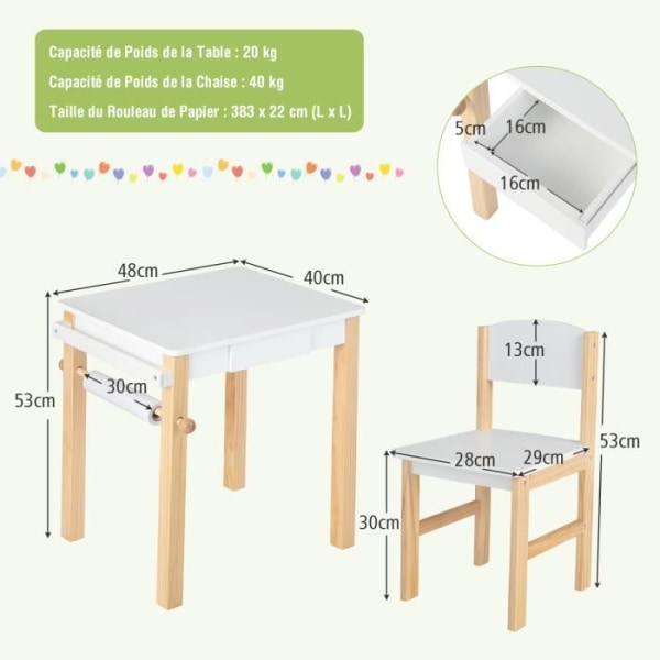 COSTWAY Barnskrivbord med stol, förvaringslåda, 10 m pappersrulle, massiva träben, vit