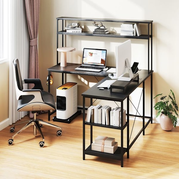 COSTWAY Reversibel Vinkelbureau - RGB Lys - Strømstik - Skærm & CPU Stativ - Sort Opbevaringshylder