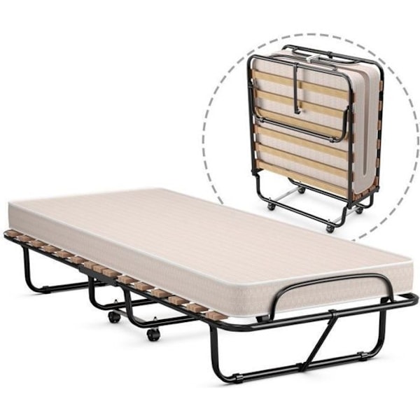 COSTWAY hopfällbar extrasäng - 80 x 190 CM - hopfällbar säng på hjul - 10 CM skummadrass - 1 person - 120 KG last