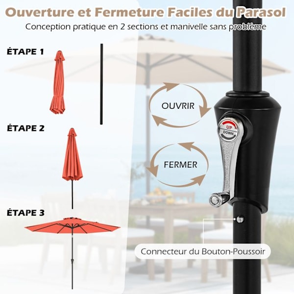 Parasol Déporté 25 °303cm - COSTWAY - Solresistent - Vinklingsfunktion med knappen - 8 spjäll för trädgård, terrass orange
