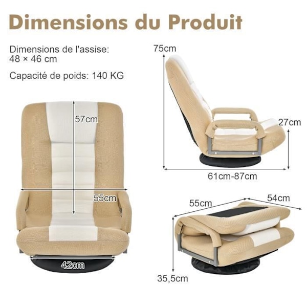 COSTWAY Fældbar Relax Stole, 360° Drejebase, Justerbart Ryg i 6 Positioner, Maksimal Belastning 150 KG Beige Beige och vit