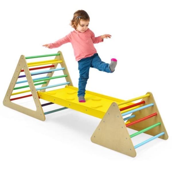 COSTWAY 3 in 1 Play Station: klättringstriangel, klättring och rutschkana för barn, 2 triangelstegar, färgglad vändbar ramp Flerfärgad