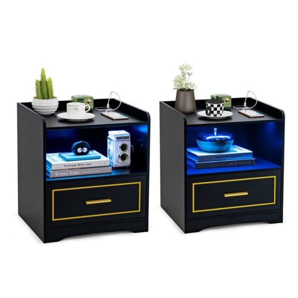 COSTWAY Setti 2 LED-yöpöytää, 1 TYPE-C + 1 USB, 3 valoväriä, älykäs anturi, 45 x 40 x 50 cm, musta Svart