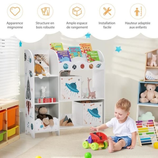 COSTWAY Förvaringsenhet för leksaker och böcker med 2 Shuttle-tema tyglådor för barnens sovrum