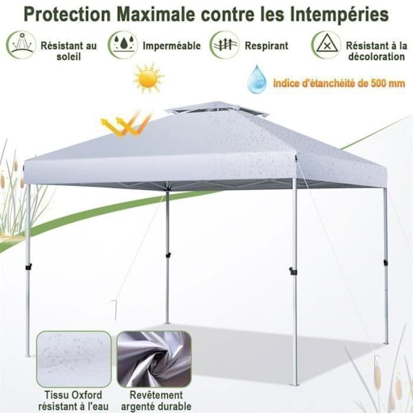 COSTWAY Kokoontaittuva huvimaja 305x305cm Pop-up-Säädettävä korkeus-Kuljetuslaukku pyörillä-Kaksoistuuletettu katto Anti UV 50+-Hopean valkoinen Vit