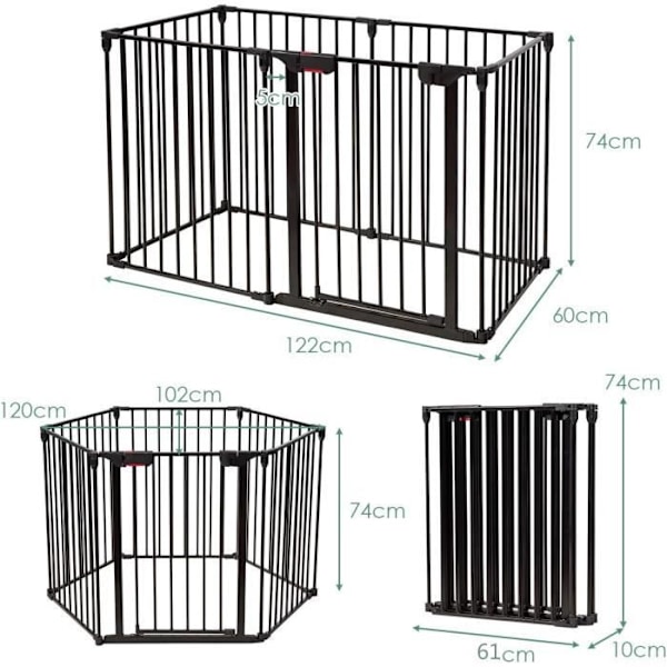 COSTWAY Taitettava turvaportti - Savupiipun palosuoja 380 cm - 6 paneelia - Manuaalinen lukitusjärjestelmä - Lapsille, Koirille - Metallia - Musta Svart