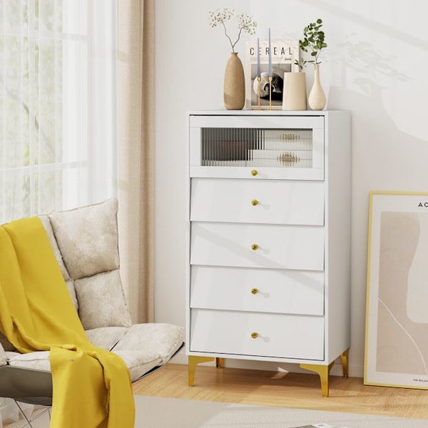 COSTWAY Kommode til Soveværelse med Vippende Glasdør og 4 Skuffe, til Soveværelse, Stue, 60x40x112,5 cm, Hvid Vit