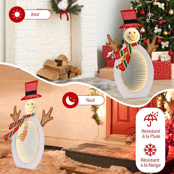 COSTWAY 2D Snowman Pre-Lit med 75 varmhvide LED lysperler, 2 uendelige lysspejle juledekoration