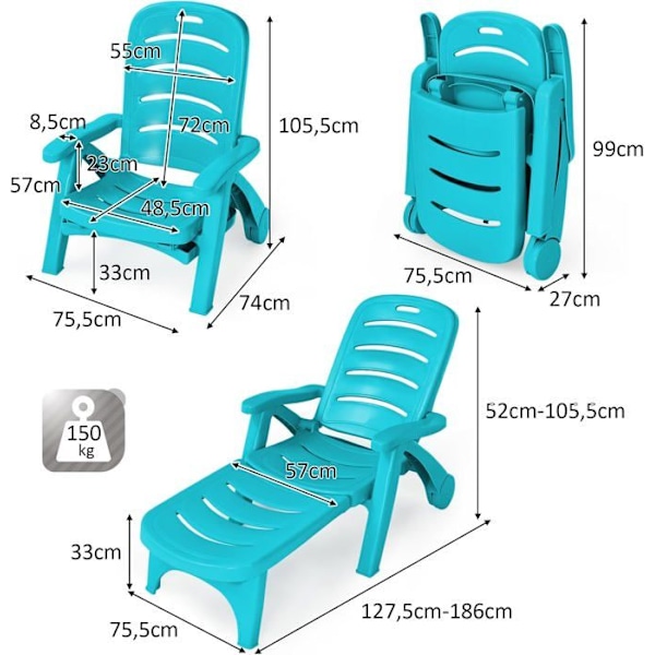 COSTWAY foldbar liggestol 5-positions tilbagelænet ryglæn med integrerede hjul, til terrasse, have, swimmingpool, 150 kg, turkis