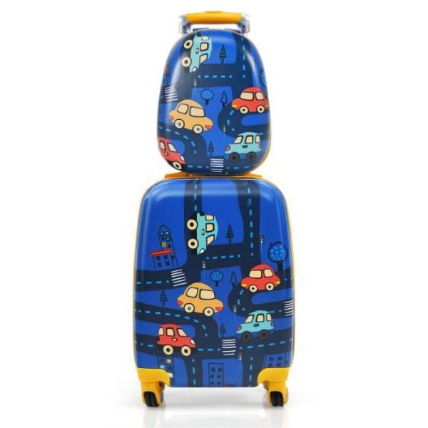 COSTWAY Set med 2 barnresväskor - ryggsäck + vagn med infällbart handtag Tema: blå bil