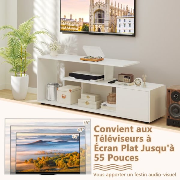 COSTWAY 55" 3-lags tv-stativ, 1 dør og åben hylde, underholdningscenter, til stue, soveværelse, hvid