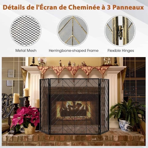 COSTWAY Fireplace Fire Screen - 3 hopfällbara paneler - Robust metallram - Skyddsgaller för barn och husdjur - 133 x 78 CM - Svart
