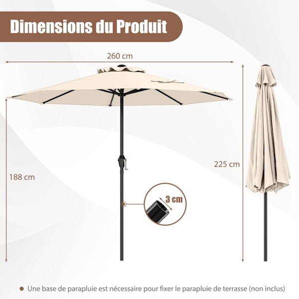 Terrasse Parasol 260 cm - COSTWAY - 8 Robuste Spidser - Med Vick - Solbeskyttelse til Have Bistro Beige