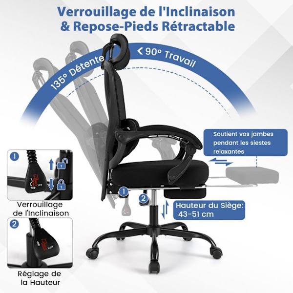COSTWAY Ergonomisk Kontorstol - Høj Mesh Ryglæn med 135° Tilt, Retractable Fodstøtte, Justerbar Lændestøtte