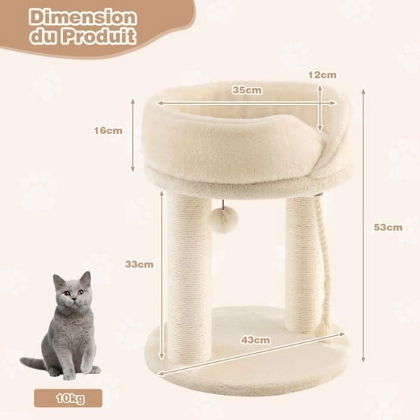 COSTWAY 53CM kattträd med pälsboll, sisalrep och mjuktopp, trädtorn för kattunge/katt, beige