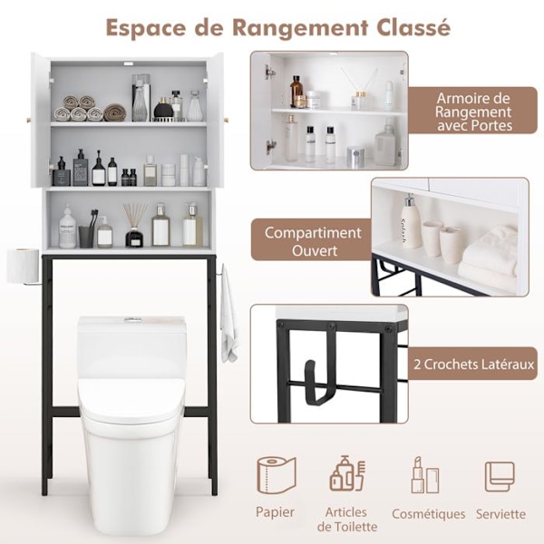 COSTWAY toiletenhed over toilet med 2 døre, justerbar hylde, justerbar bundstang, 2 sidekroge, hvid