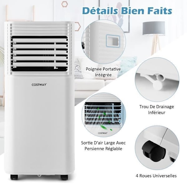 COSTWAY Ilmastointilaite 7000BTU 2,1 kW R290 Luokka A 4 in 1 Lepotila 15? Viileämpi ilmankuivaaja tuuletin 2 nopeutta valkoinen