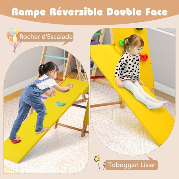 COSTWAY 8 i 1 Spilestation i Træ til Børn med Reversibelt Rutsjebane, Montessori Klatreleg Med En Kapacitet på 240KG, Farverig