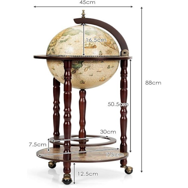 COSTWAY Vintage Terrestrial Globe Bar Verdenskort i Eucalyptus Wood Flaskeholder Minibar Rolling 16th Century