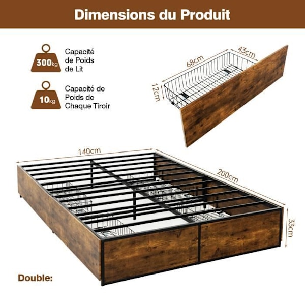 COSTWAY industriel dobbeltseng til voksne, 140 x 200 CM, sengeramme med 4 rulleskuffer, huller reserveret til sengegavl