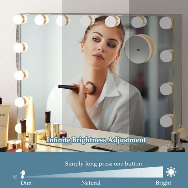 COSTWAY Hollywood Makeup Mirror - 15 lampor, 10x förstoringsglas, pekskärm, 3 dimningslägen, Smart Bluetooth, USB - 58x48CM