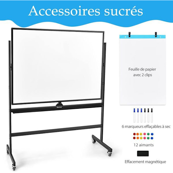 COSTWAY Fristående Whiteboard 360° Vändbar 90x120cm med 4 hjul Höjdjusterbara torrradsmagneter 6 markörer