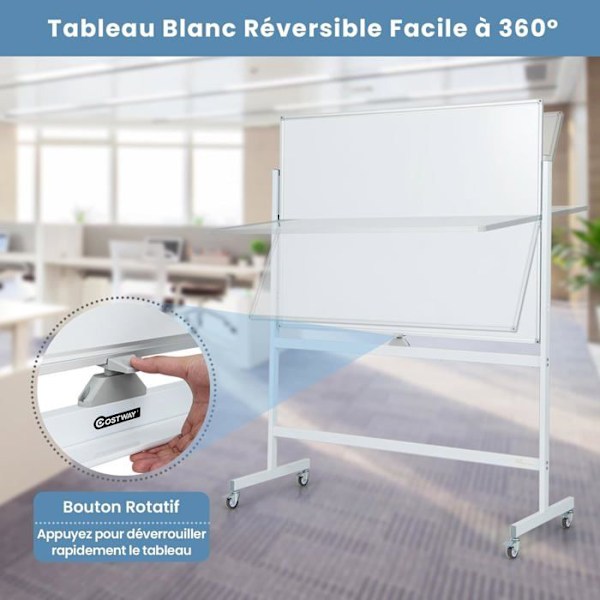 COSTWAY Magnetisk tavle 120 x 90 cm Dobbeltsidet vendbar tørsletning 2 justerbar højde 4 mobile hjul Hvid