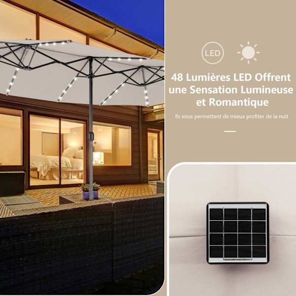 Dobbelt XXL Haveparasol 48 LED - COSTWAY - 470 x 280 x 246 cm - Base og Sandpose - Solpanel - Rektangulær Beige