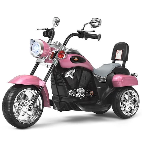 COSTWAY 6V elektrisk motorcykel til børnescooter med 3 hjul lyd- og lyseffekt, 3 km/t Max, 3 år+ Chopper-stil lys pink Ljusrosa