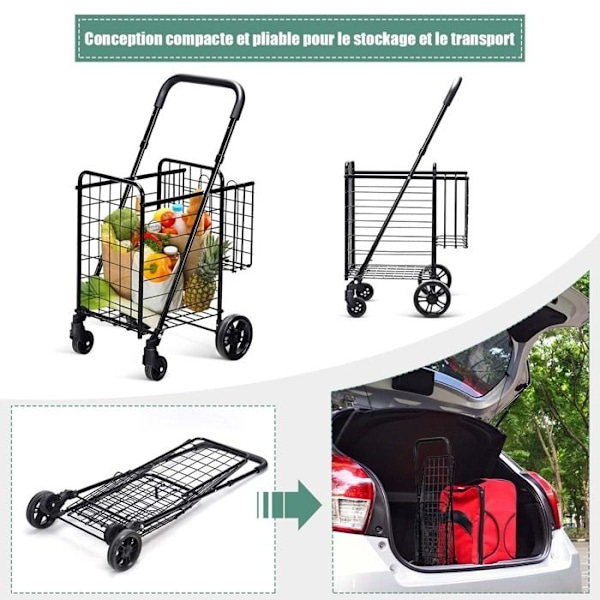 COSTWAY Sammenklappelig Shoppingvogn - 4 Hjul - 2 Kurv (48L + 10L), Stål - Maks. belastning: 20 KG - Indkøbskurv-Sort Svart