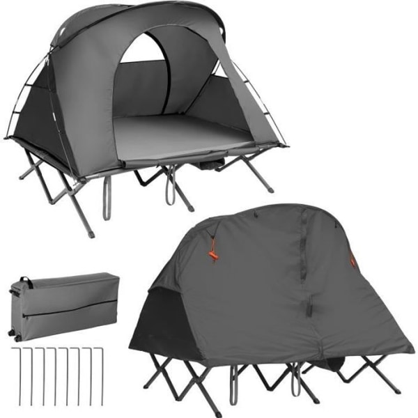 COSTWAY 2-personers upphöjt campingtält Självuppblåsande madrass Bärväska Hjulförsedd Flysheet Lampkrok Grå