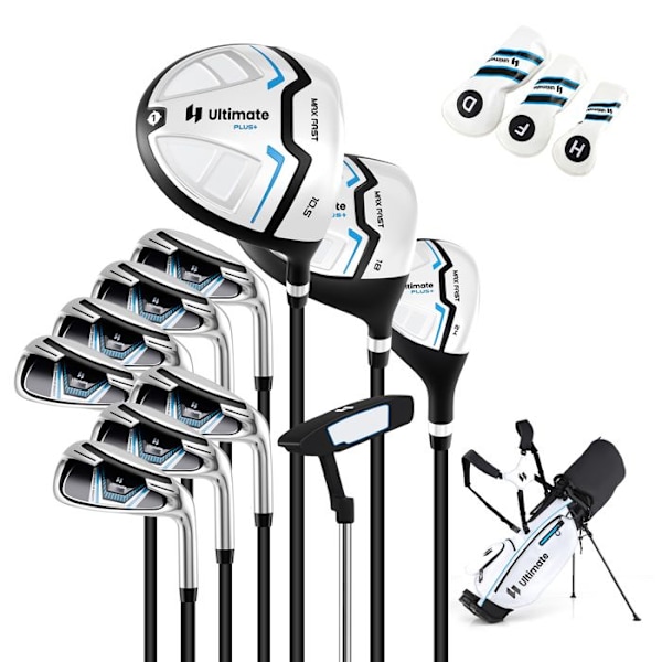COSTWAY Golfklubbset för män med stativväska - Setet inkluderar driver, trä, hybrid, järnklubbor, putter och skyddshuvuden - Vit