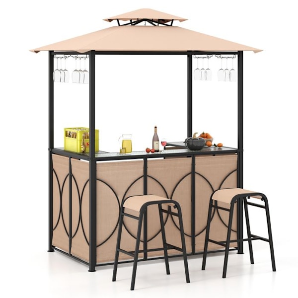 Grillpavillon med 2 COSTWAY barstole - Top af hærdet glas - Opbevaringshylder - Dobbeltlags baldakin - Brun