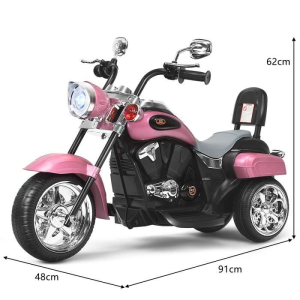 COSTWAY 6V elektrisk motorcykel för barnskoter med 3 hjul ljus- och ljudeffekt, 3 km/h Max, 3 år+ ljusrosa chopper-stil