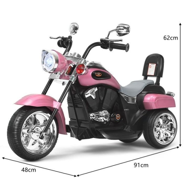 COSTWAY 6V elektrisk motorcykel för barnskoter med 3 hjul ljus- och ljudeffekt, 3 km/h Max, 3 år+ ljusrosa chopper-stil Ljusrosa