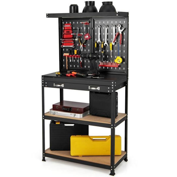 COSTWAY Työpaja 81 x 41 x 155 cm - 2 Reikäpaneelia - Hyllyt ja 2 Säilytyslaatikkoa - 14 Ripustustarviketta - Autotalli