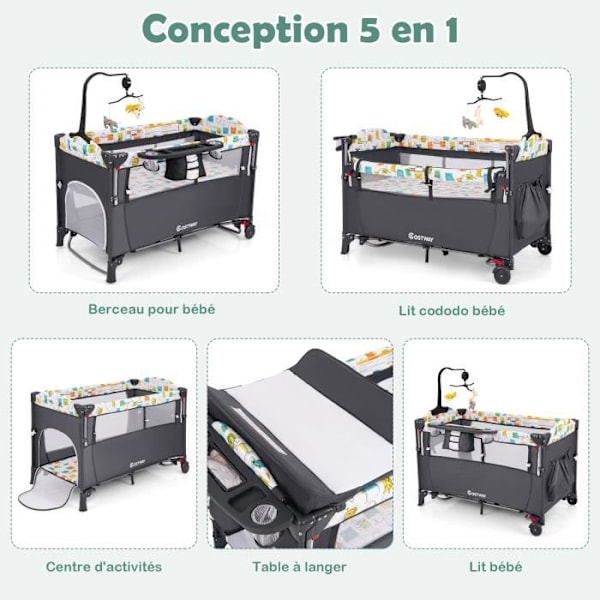 COSTWAY vauvan sateenvarjosänky 5 in 1 -patjalla - hoitopöytä, musiikkirasia - 3 lelua - 4 säädettävää käsinojan korkeutta - harmaa Grå
