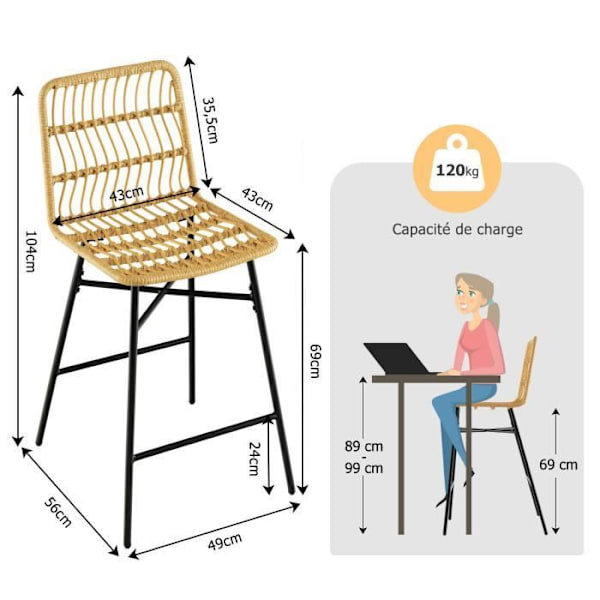 COSTWAY Setti, 2 Anti-UV PE-rottinkibaarituolia, istuinkorkeus 69 cm, selkänojalla, jalkatuki, metallirunko, luonnollinen Naturlig