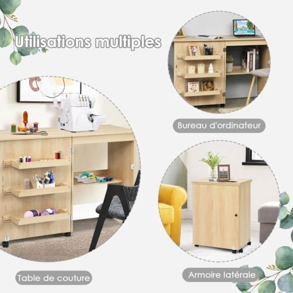 COSTWAY Foldable Sybord - 3 Kasser og 1 Opbevaringhylde - Låsebare Hjul til Stue, Kontor, Studio Naturlig