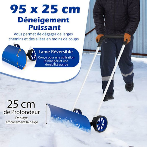 COSTWAY alumiininen lumilapio - 95 cm kaksisuuntainen terä 15° kallistettuna - U-kahva säädettävissä 90° - 2 luistamatonta pyörää