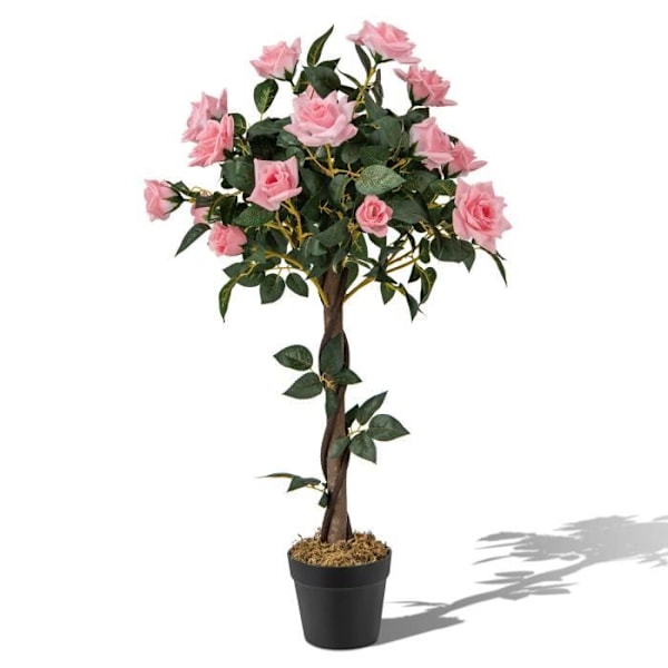 COSTWAY 93 cm konstgjord blommande rosenbuske, tallrosor, plantskola, äkta trästam, för veranda, hem grönt + rosa + svart